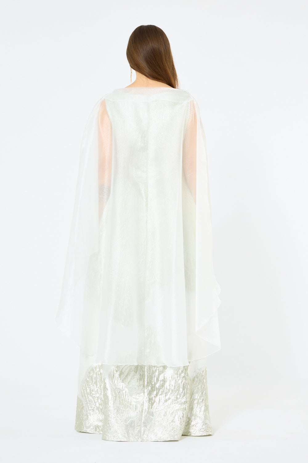 Floral Metallic Jacquard Cape Overlay Evening Gown