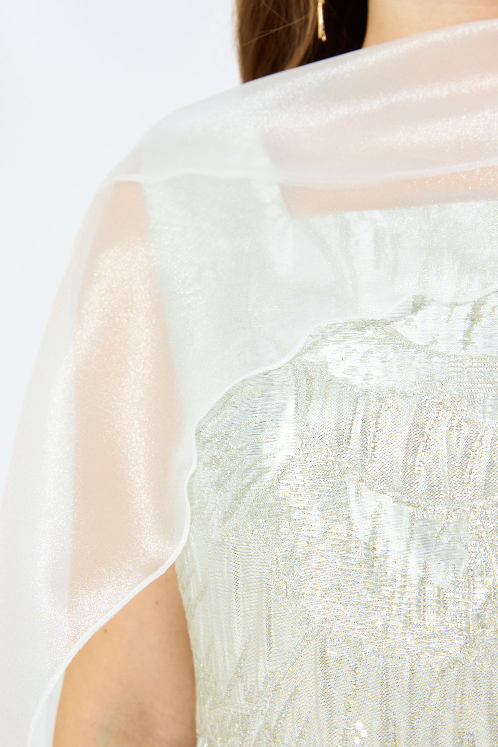 Floral Metallic Jacquard Cape Overlay Evening Gown