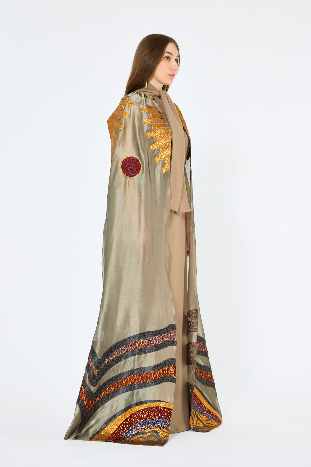 Abstract Metallic Artwork Cape Gown
