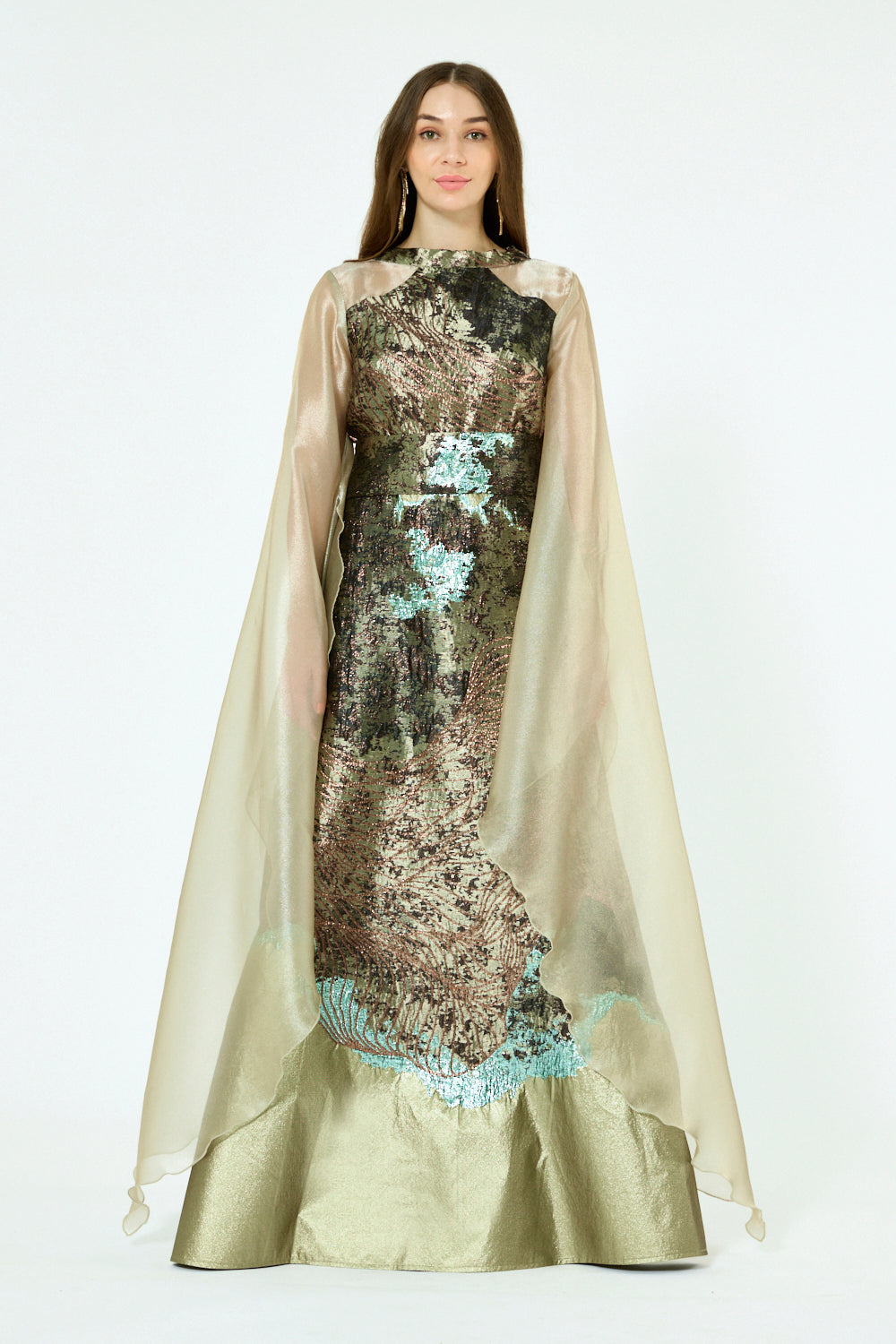 Metallic Jacquard Pattern Cape Gown