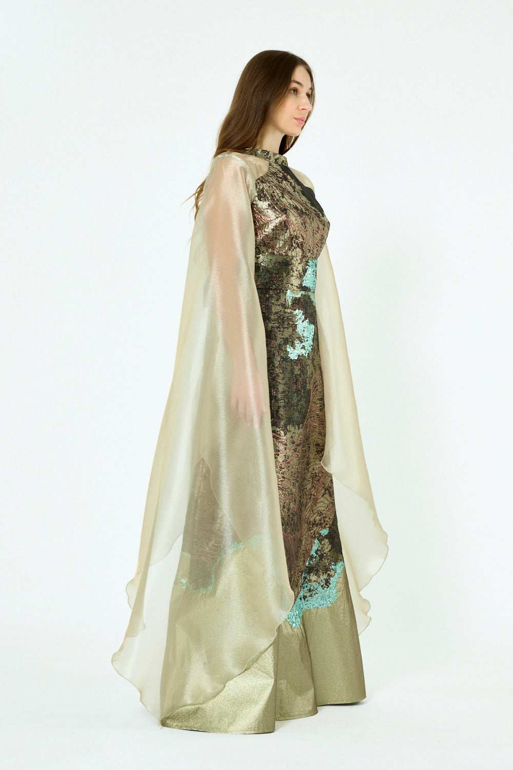 Metallic Jacquard Pattern Cape Gown