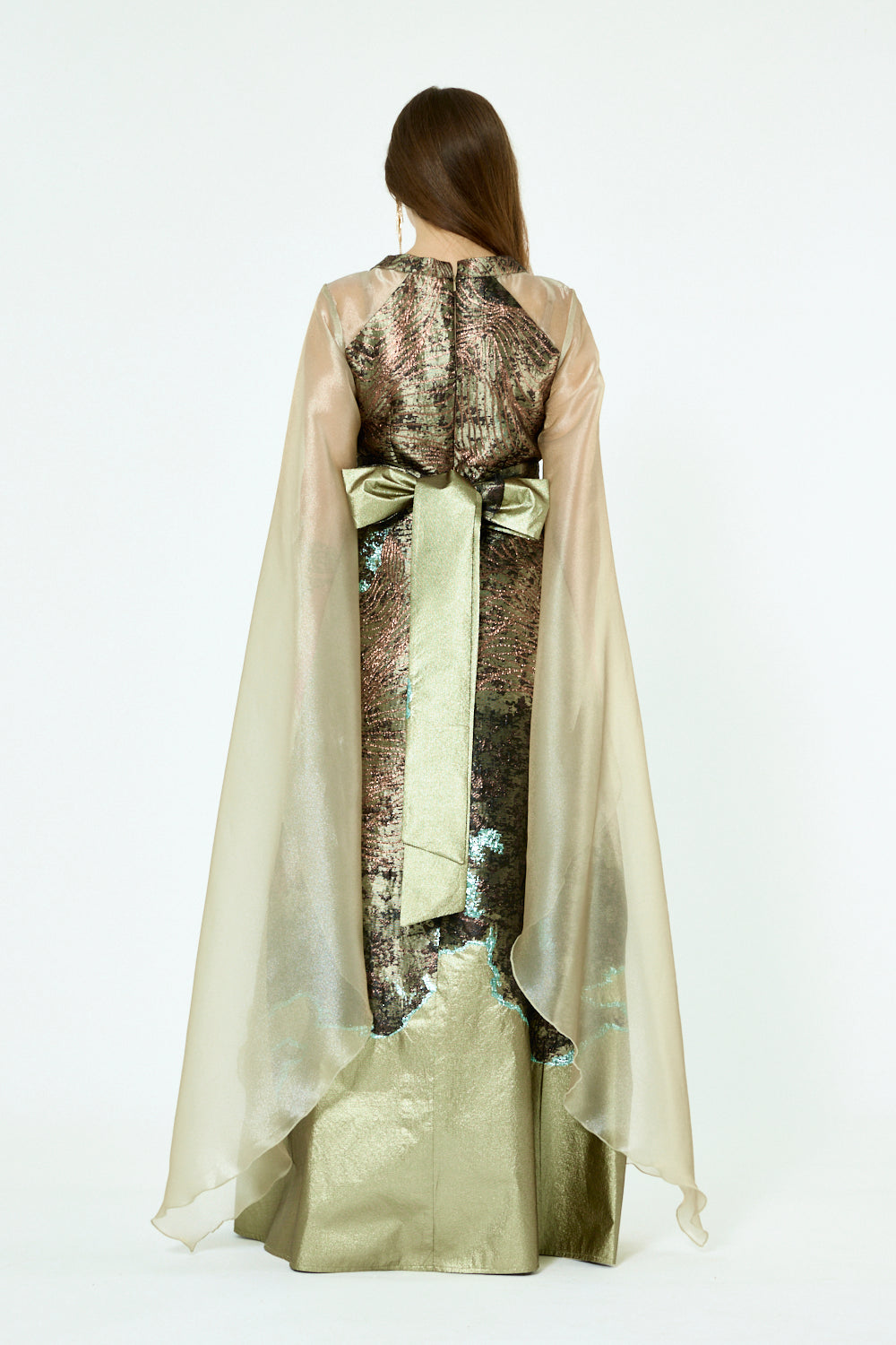 Metallic Jacquard Pattern Cape Gown