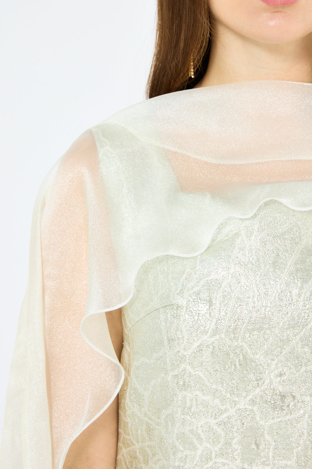 Floral Metallic Jacquard Cape Overlay Evening Gown