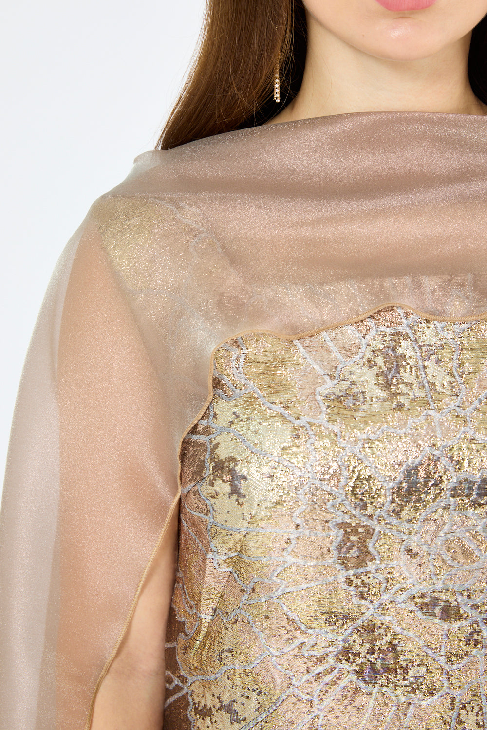 Floral Metallic Jacquard Cape Overlay Evening Gown