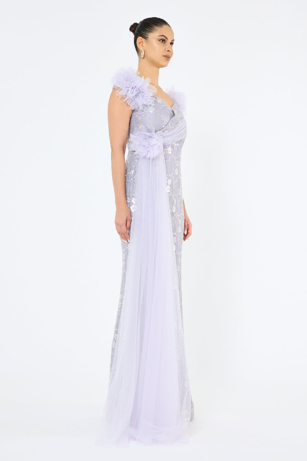 Tulle Floral Appliqué Drape Panel Gown