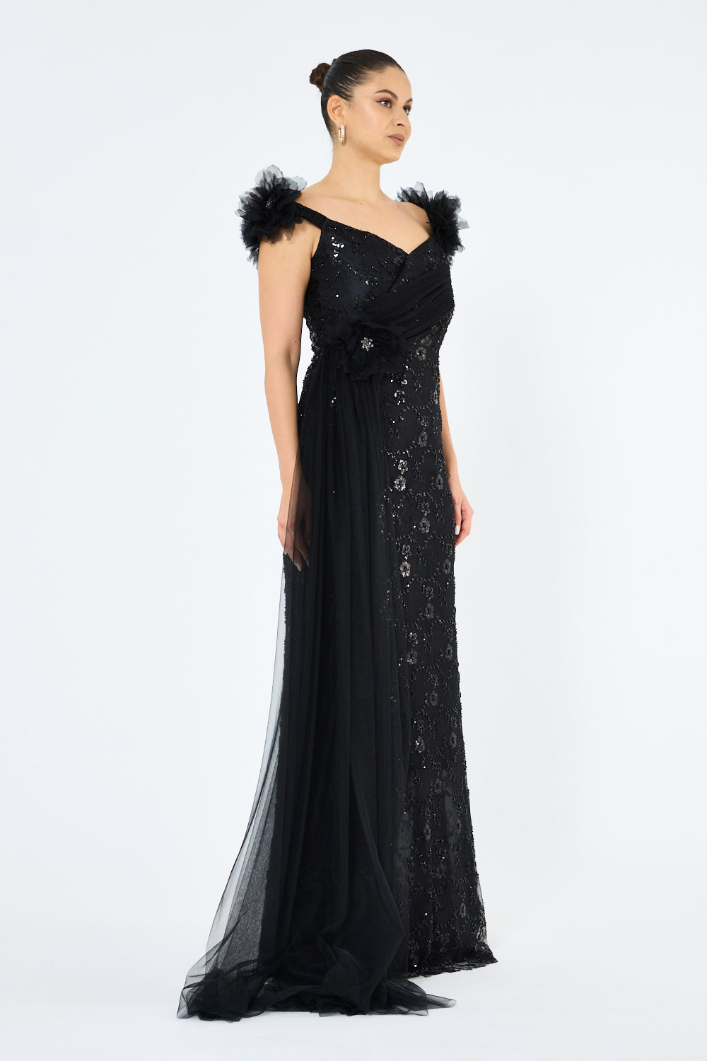 Tulle Floral Appliqué Drape Panel Gown