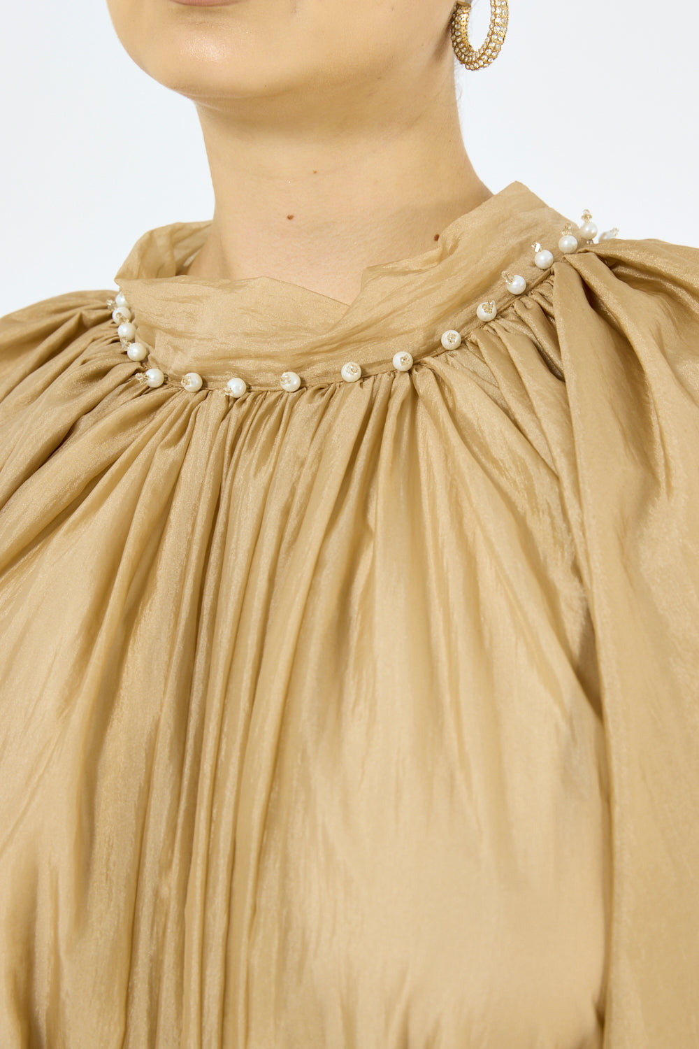 Pearl Trim Gathered Dress