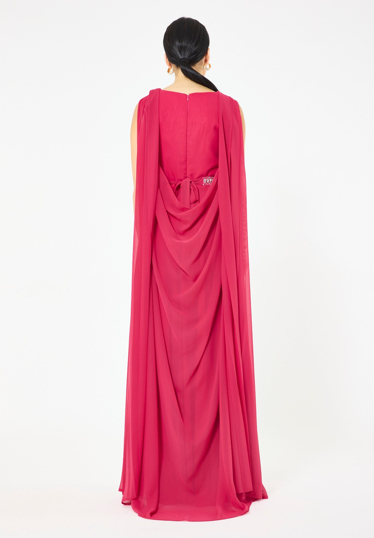 Crystal-Embellished Cape Detail Flowy Dress