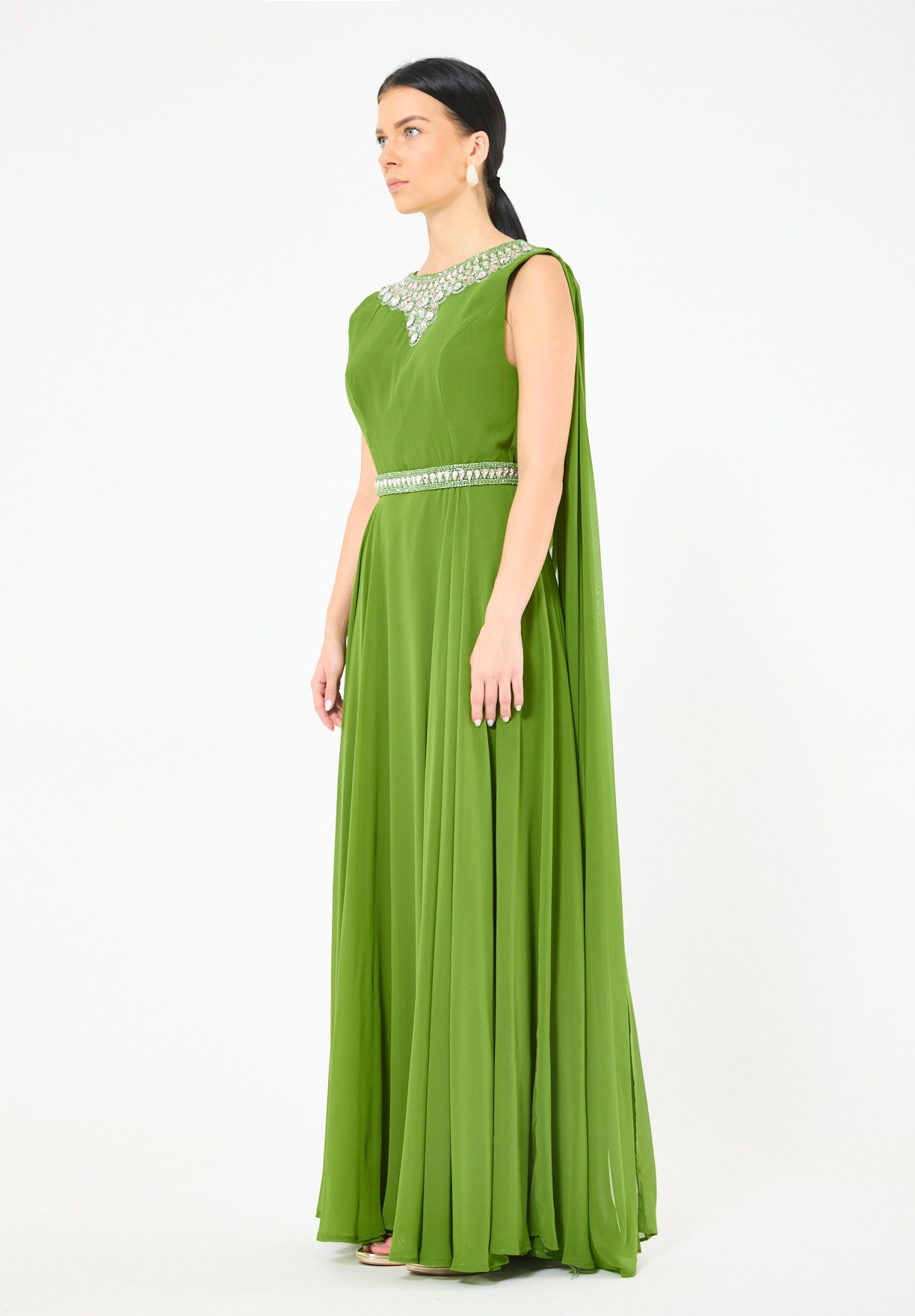 Crystal-Embellished Cape Detail Flowy Dress