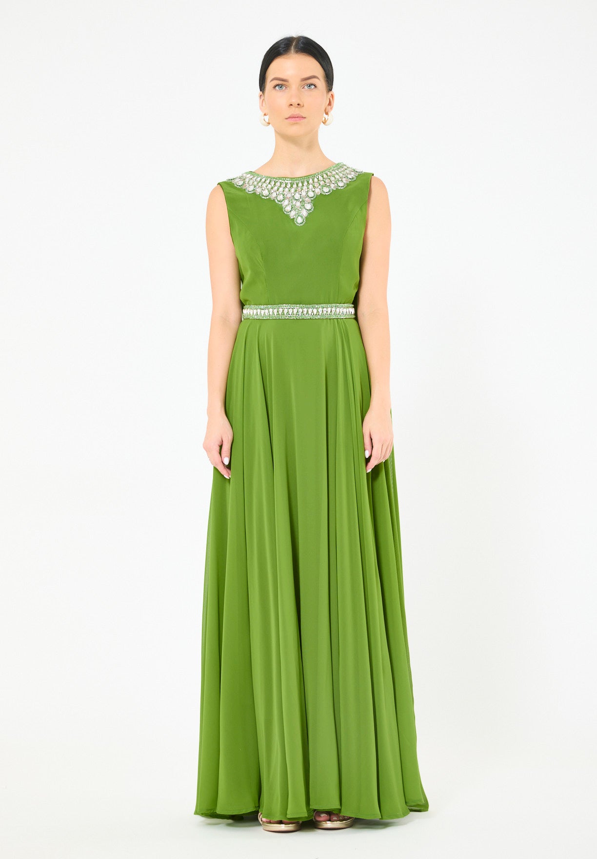 Crystal-Embellished Cape Detail Flowy Dress