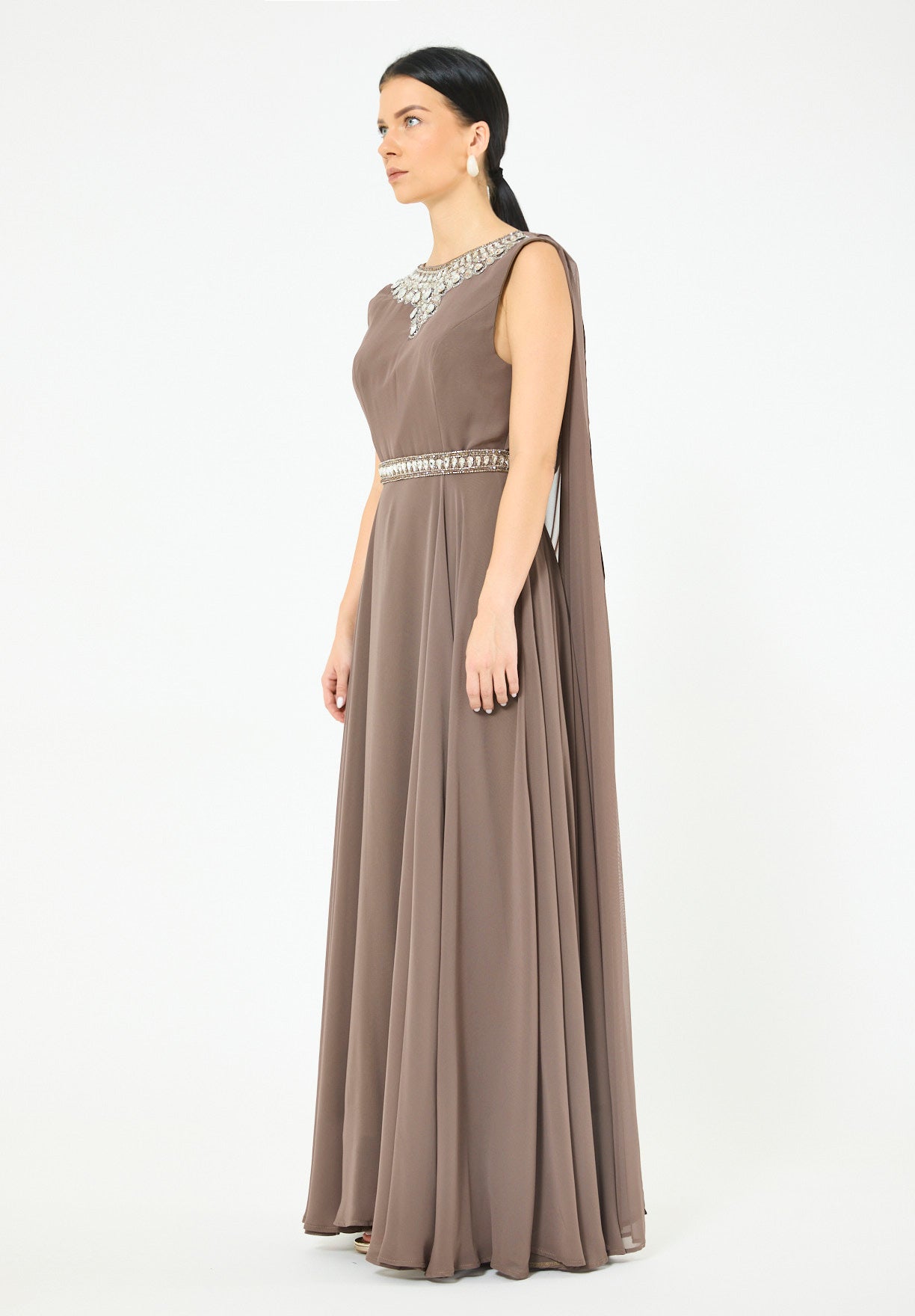 Crystal-Embellished Cape Detail Flowy Dress