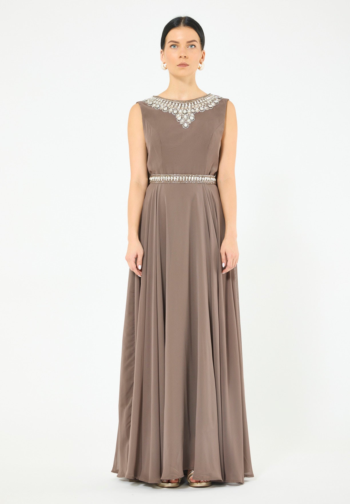 Crystal-Embellished Cape Detail Flowy Dress