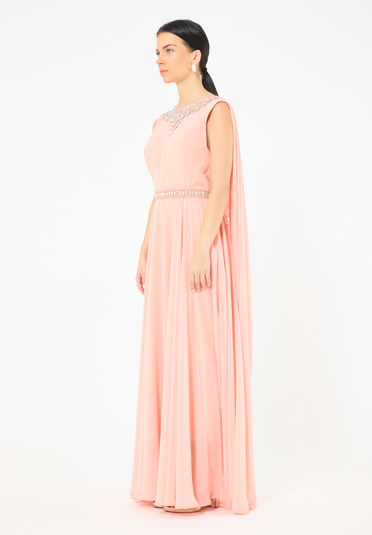 Crystal-Embellished Cape Detail Flowy Dress