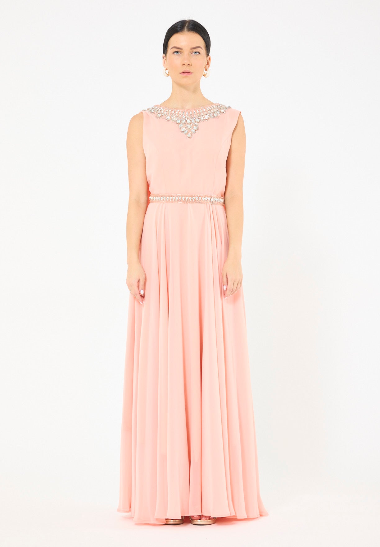 Crystal-Embellished Cape Detail Flowy Dress