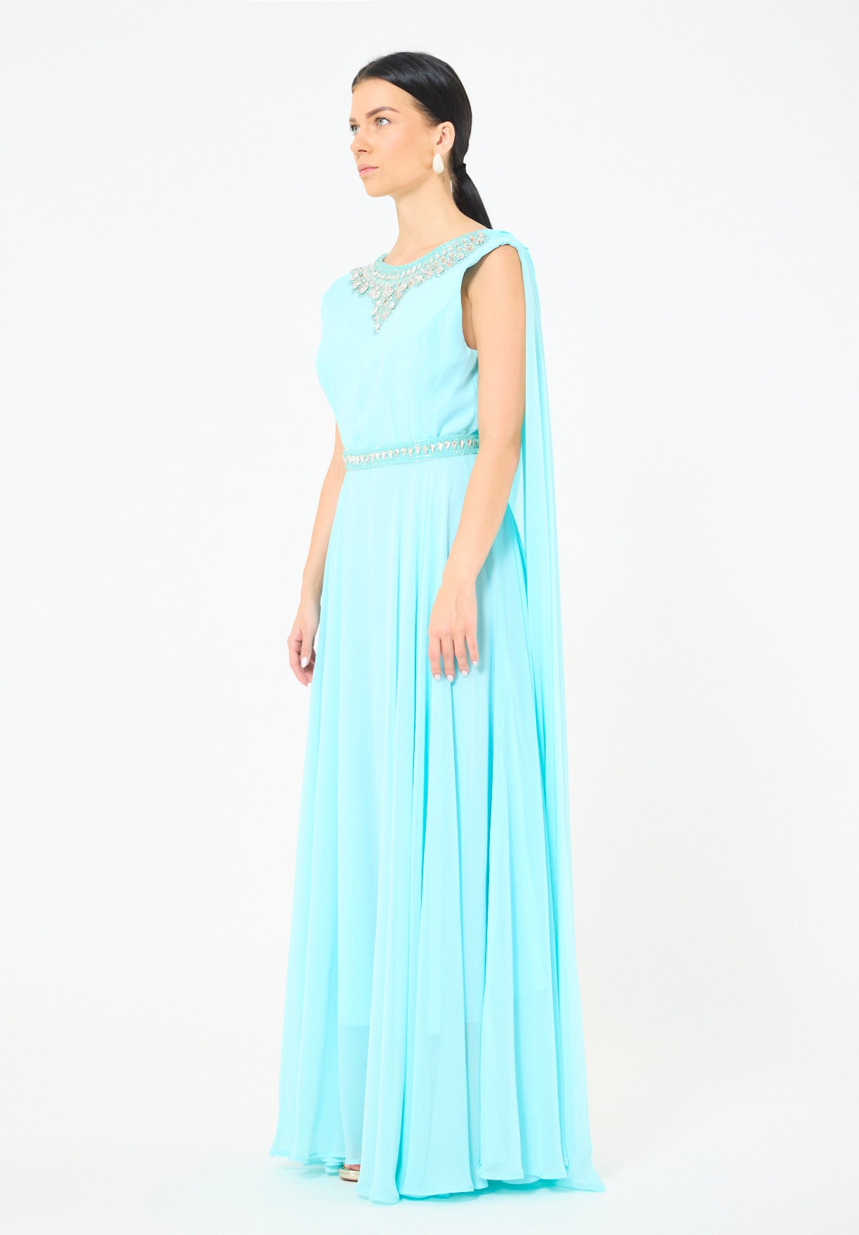 Crystal-Embellished Cape Detail Flowy Dress