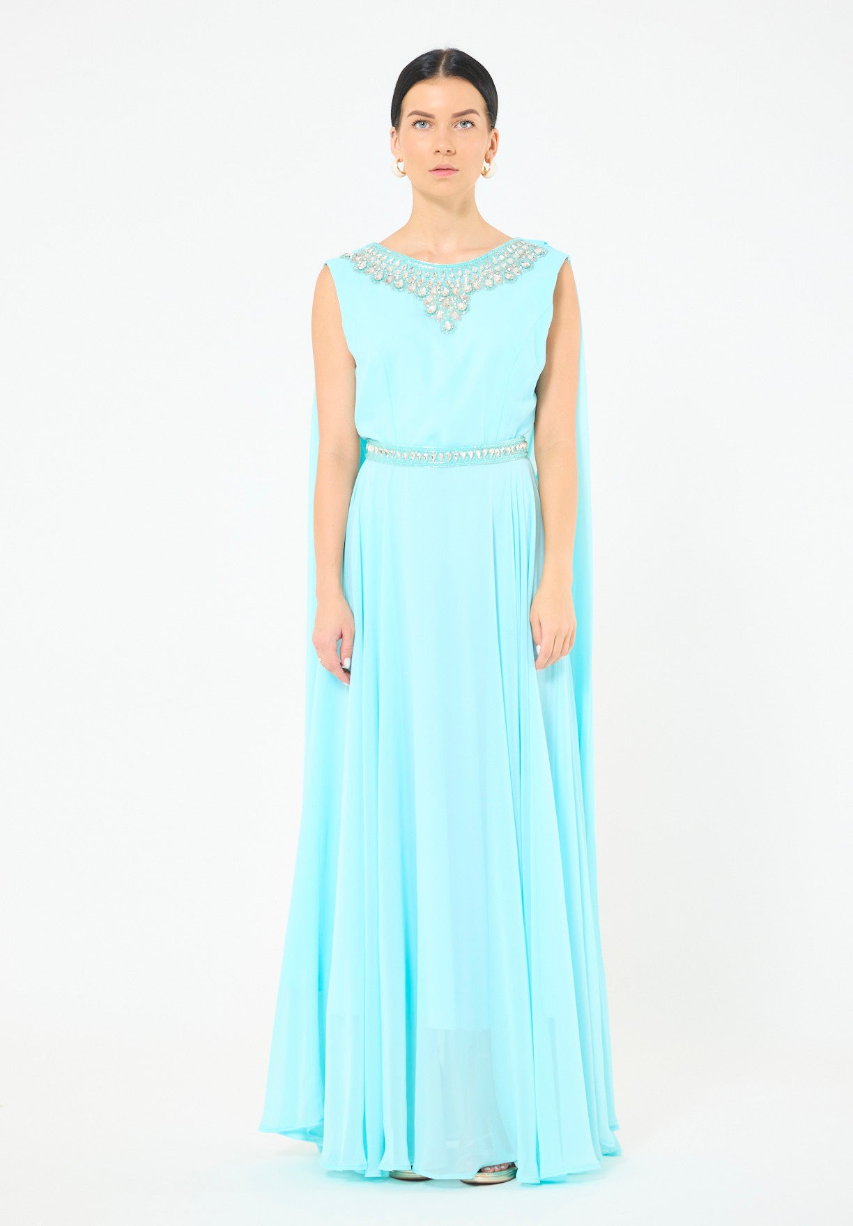 Crystal-Embellished Cape Detail Flowy Dress