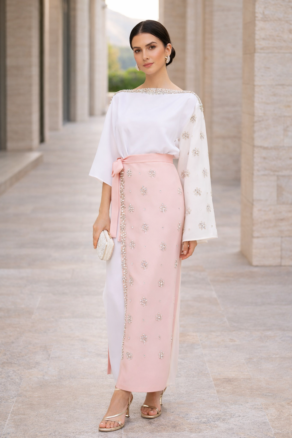 Statement Kaftan Dress with Embellished Overlay Skirt