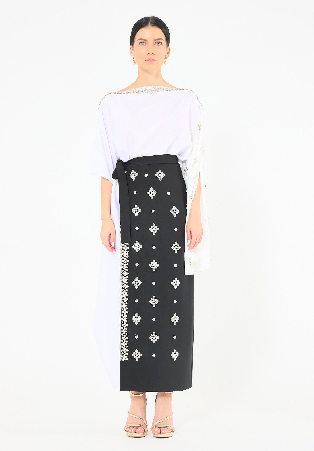 Statement Kaftan Dress with Embellished Overlay Skirt