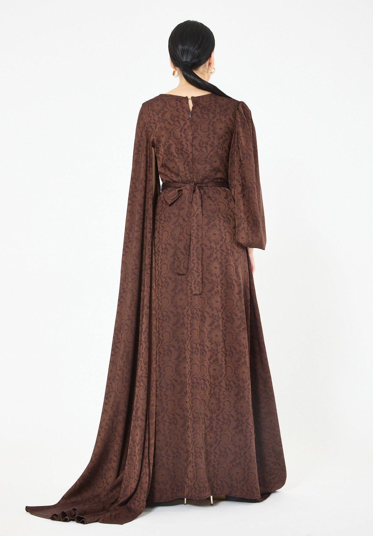 Jacquard Cape-Sleeve Gown with Embellished Belt