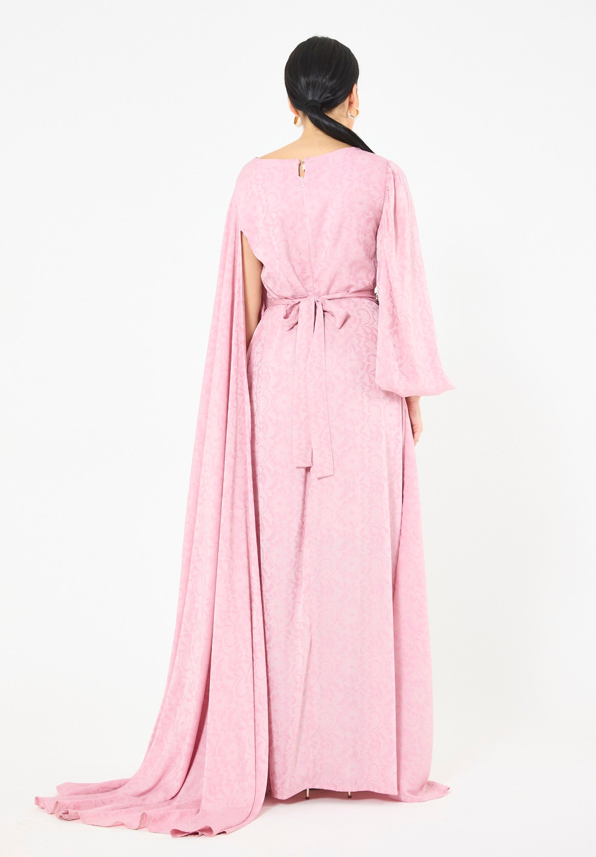 Jacquard Cape-Sleeve Gown with Embellished Belt
