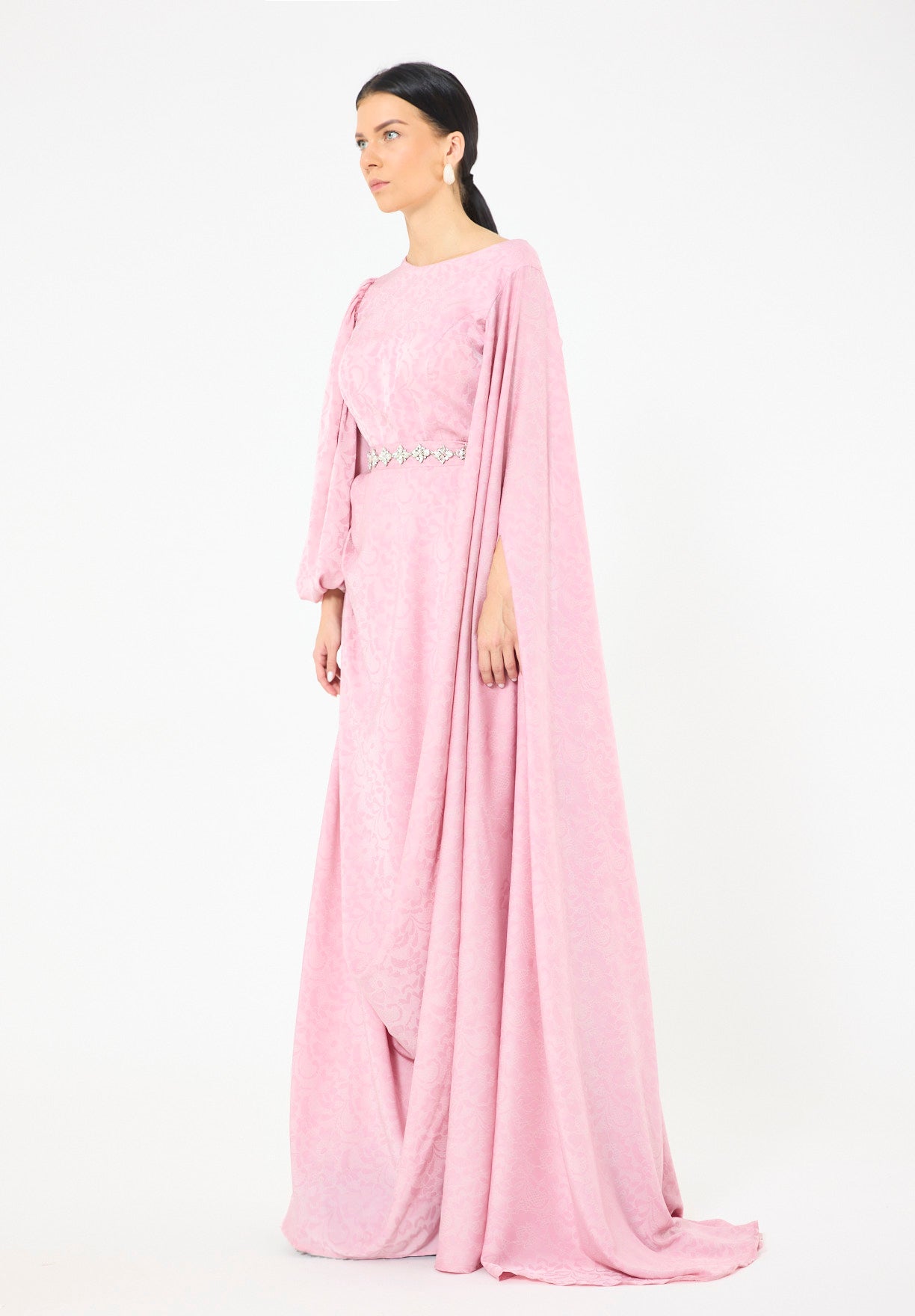 Jacquard Cape-Sleeve Gown with Embellished Belt