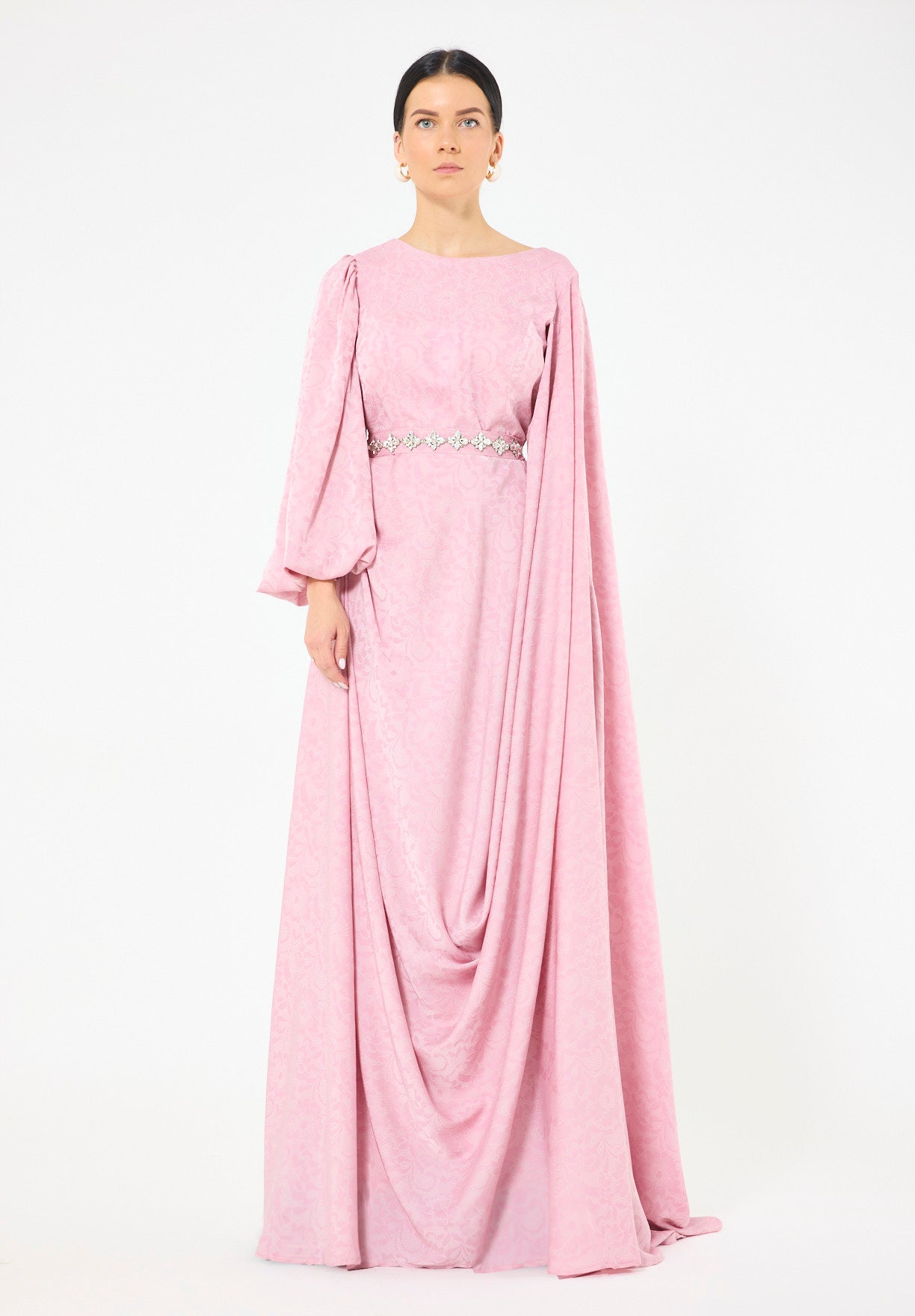 Jacquard Cape-Sleeve Gown with Embellished Belt