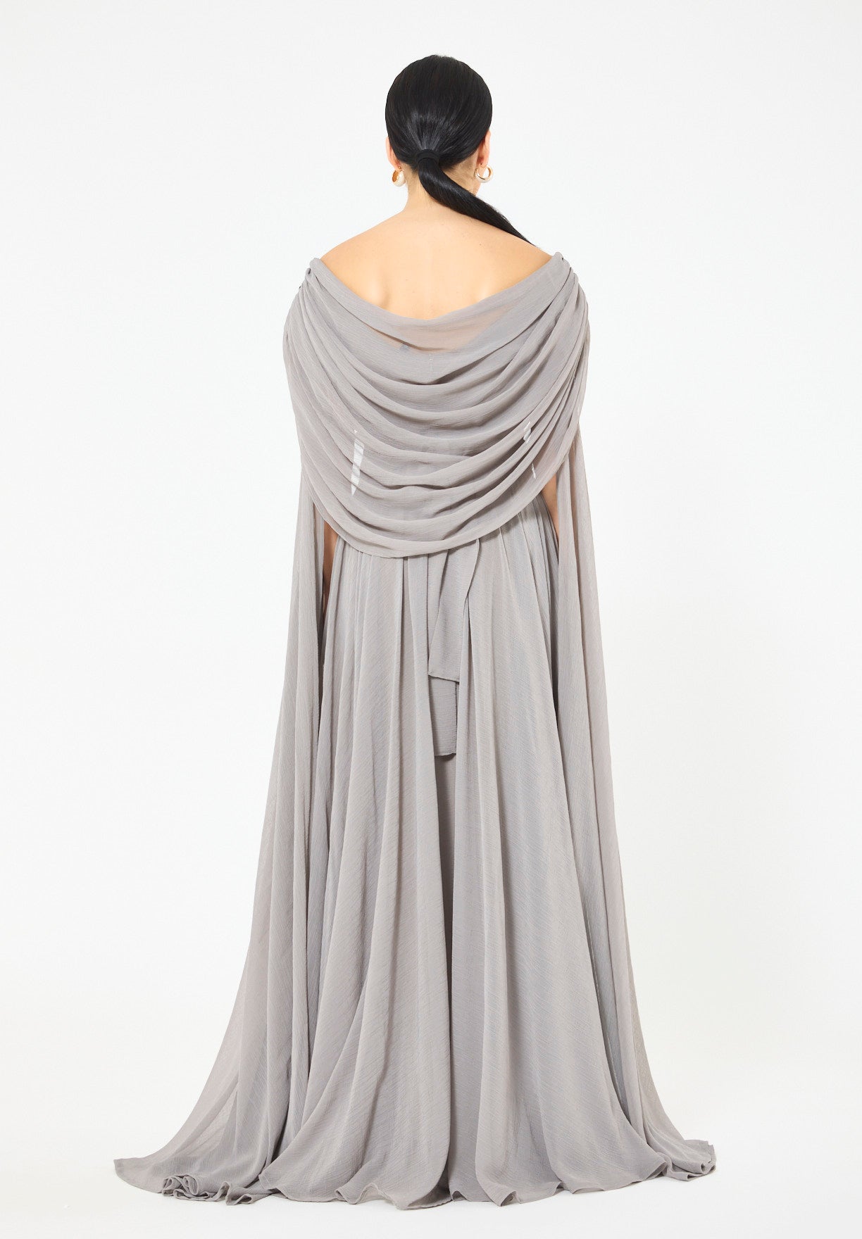Embellished Waist-Belt Cowl Draped Evening Gown