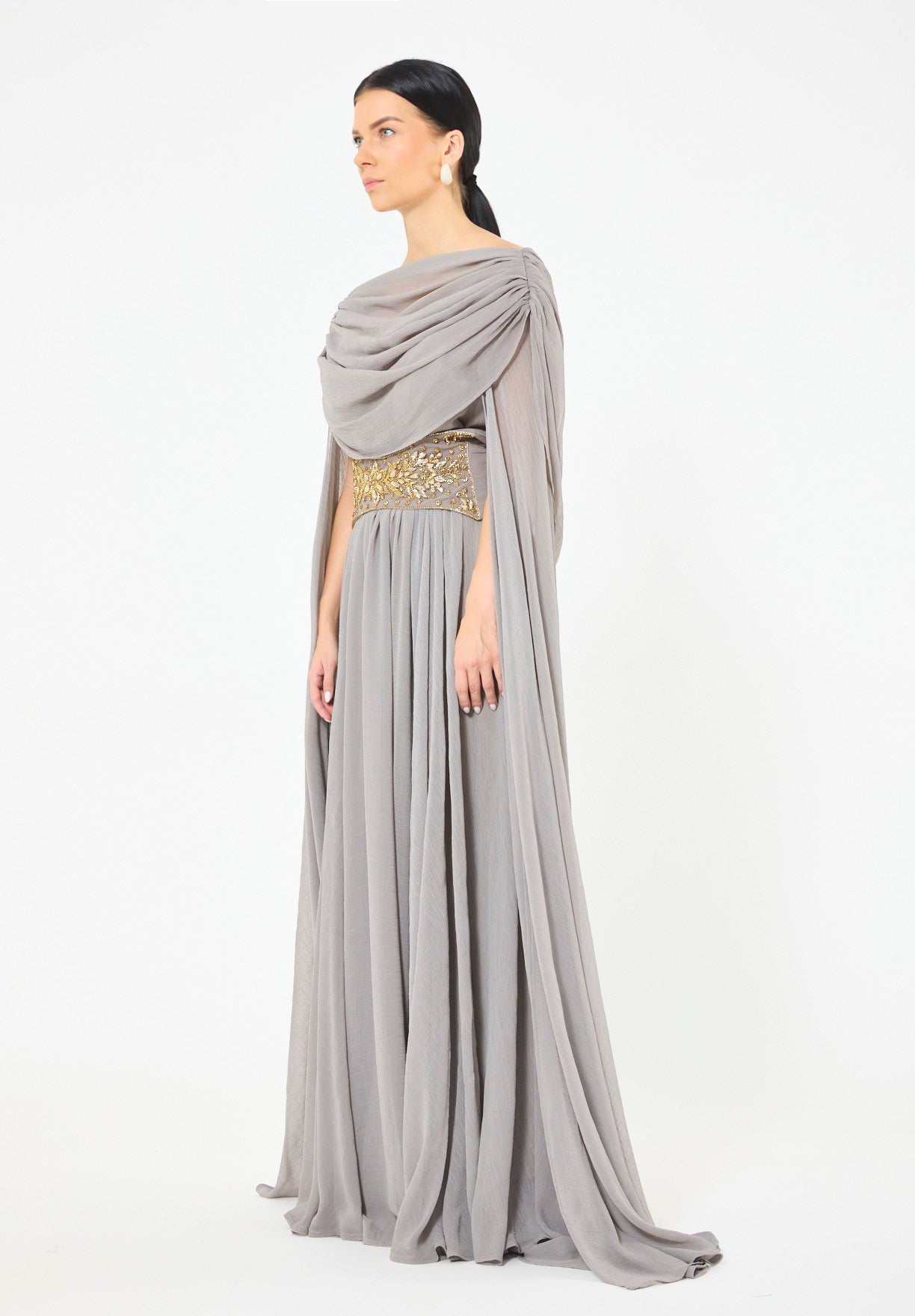 Embellished Waist-Belt Cowl Draped Evening Gown