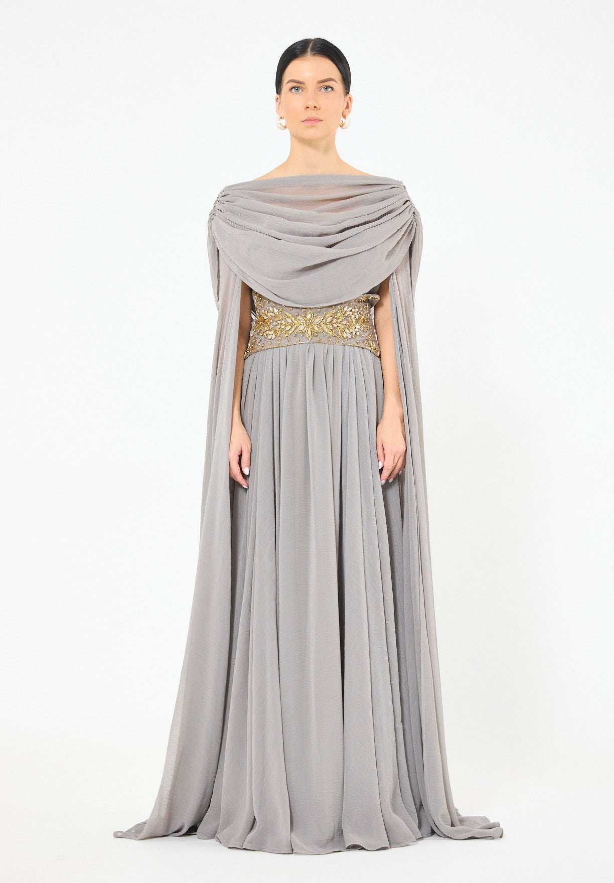 Embellished Waist-Belt Cowl Draped Evening Gown