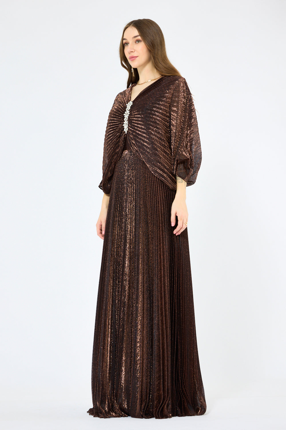 Crystal Clasp Draped Overlay Pleated Gown