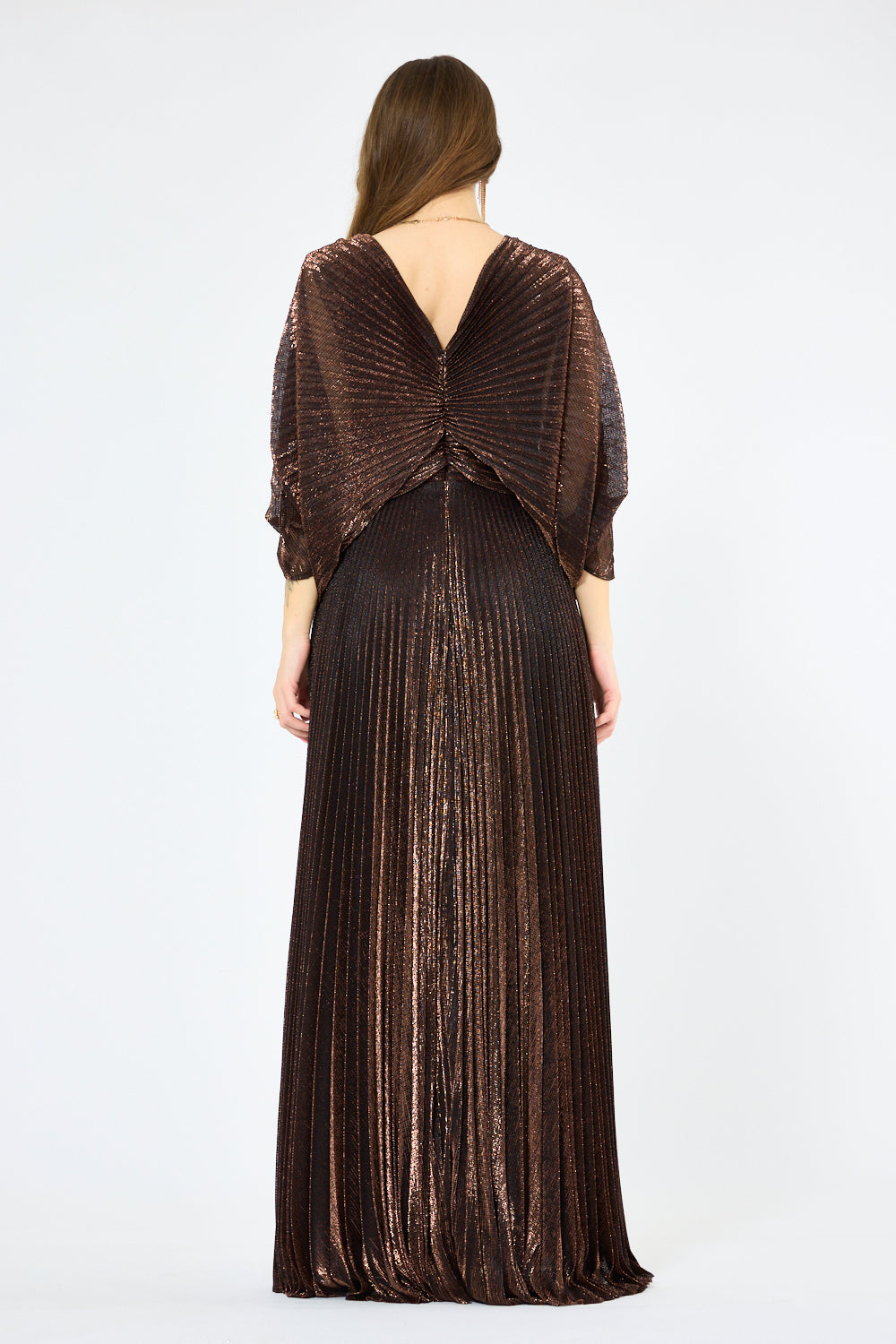 Crystal Clasp Draped Overlay Pleated Gown