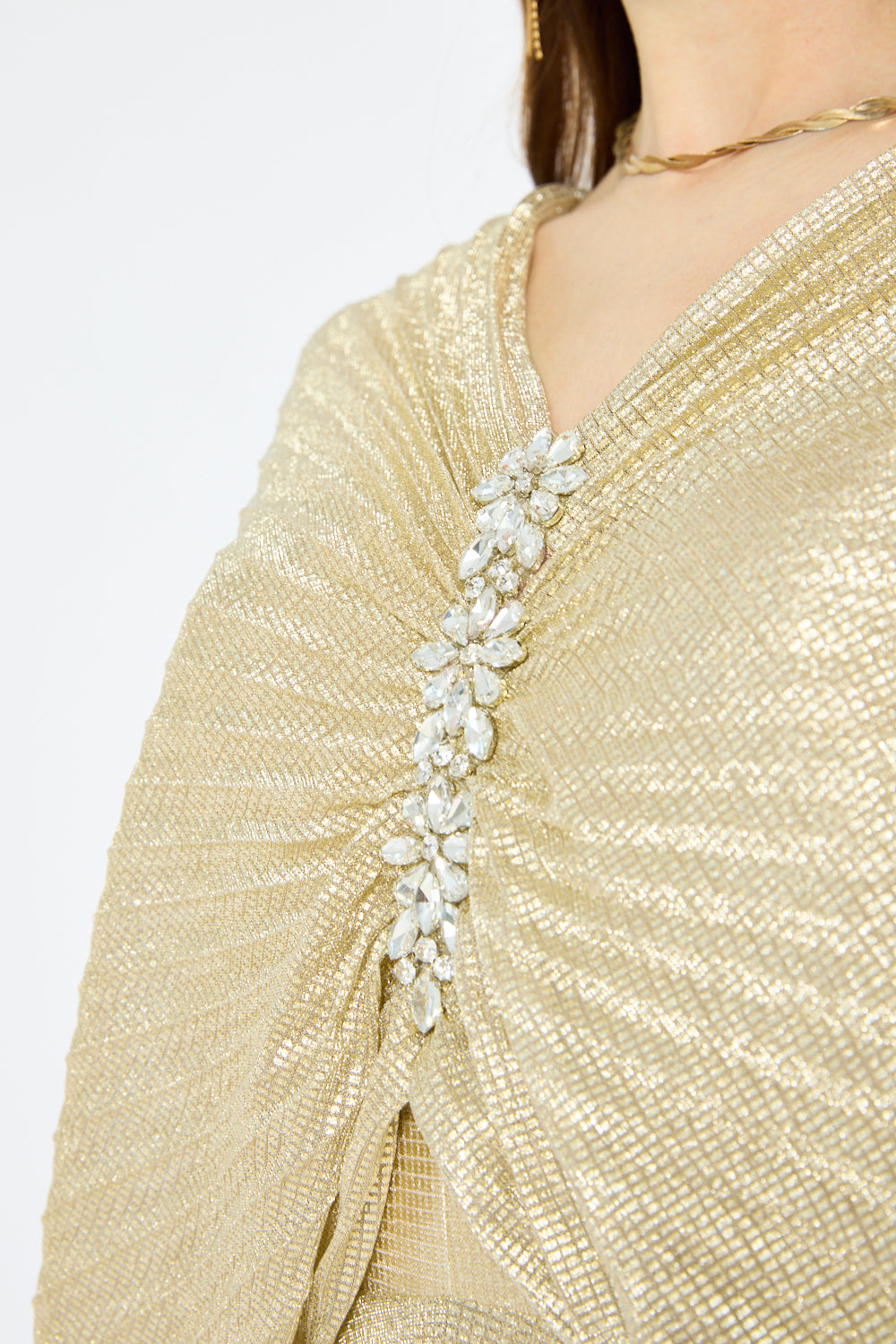 Crystal Clasp Draped Overlay Pleated Gown