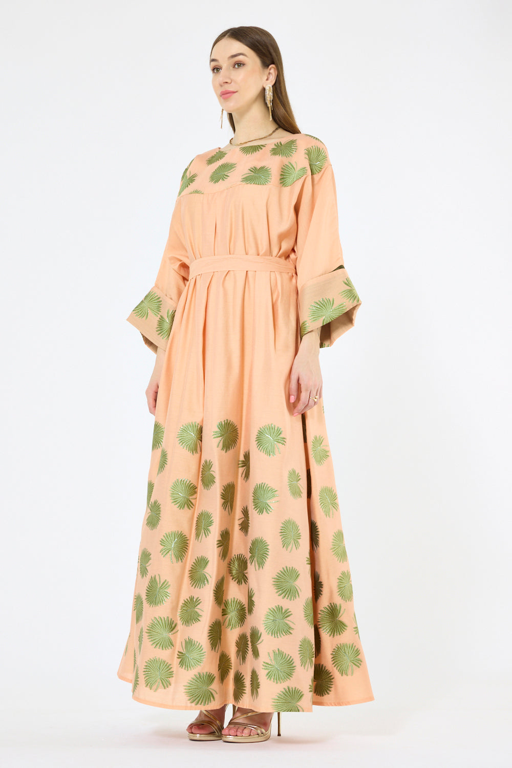Vine Motif Print Belted Maxi Dress