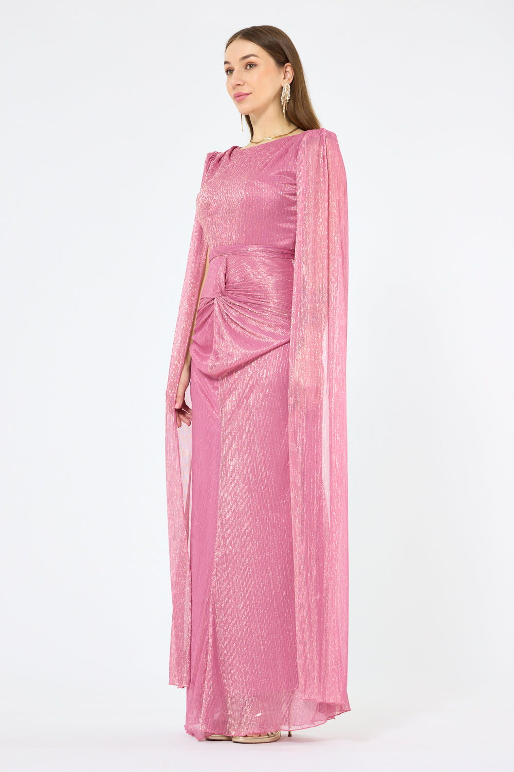 Cape Sleeve Twist-Waist Metallic Gown