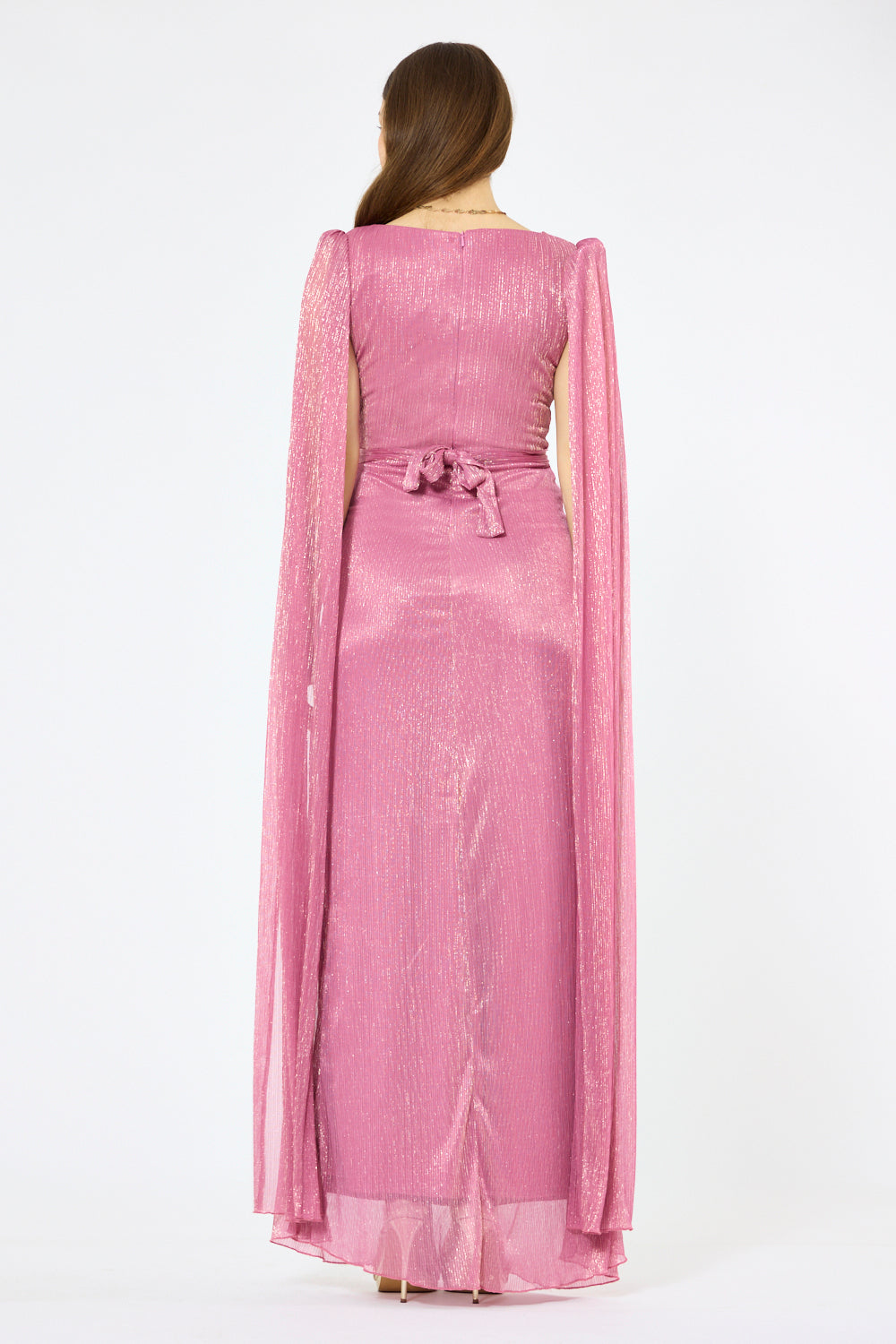 Cape Sleeve Twist-Waist Metallic Gown