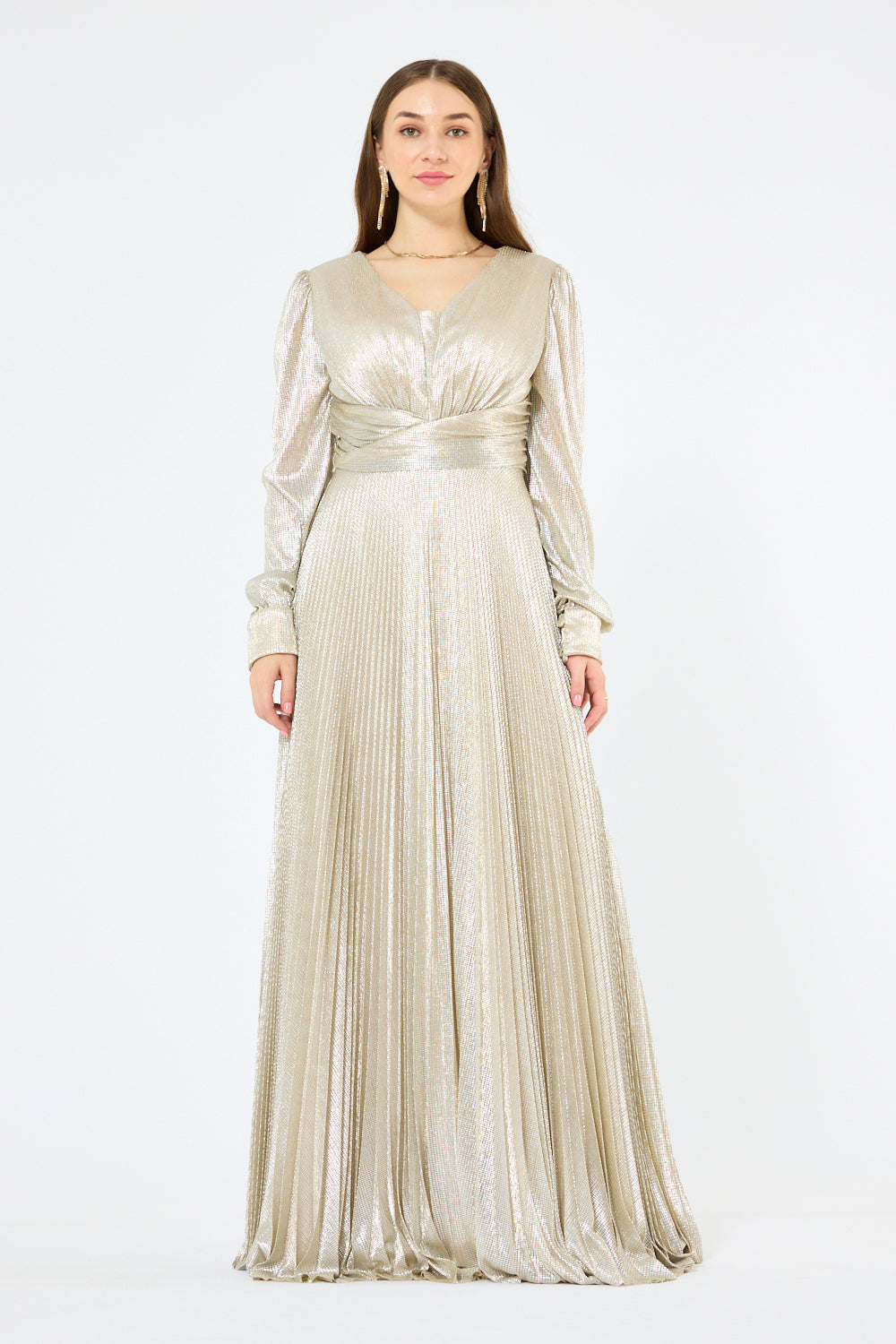 Twist Wrap Waist Pleated Metallic Gown
