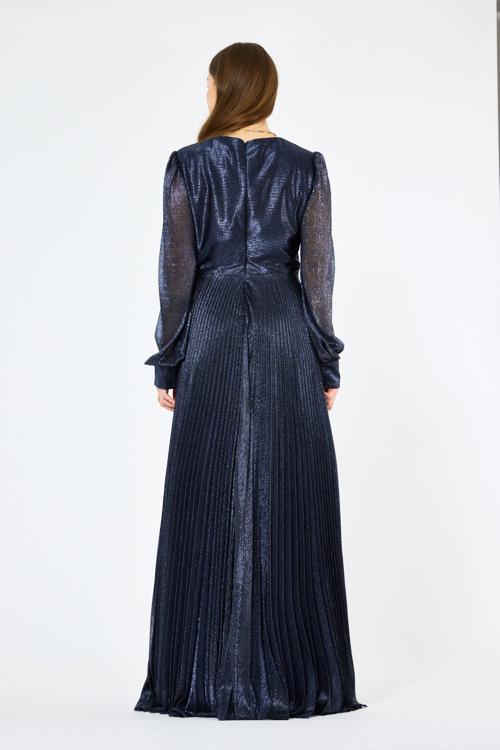 Twist Wrap Waist Pleated Metallic Gown