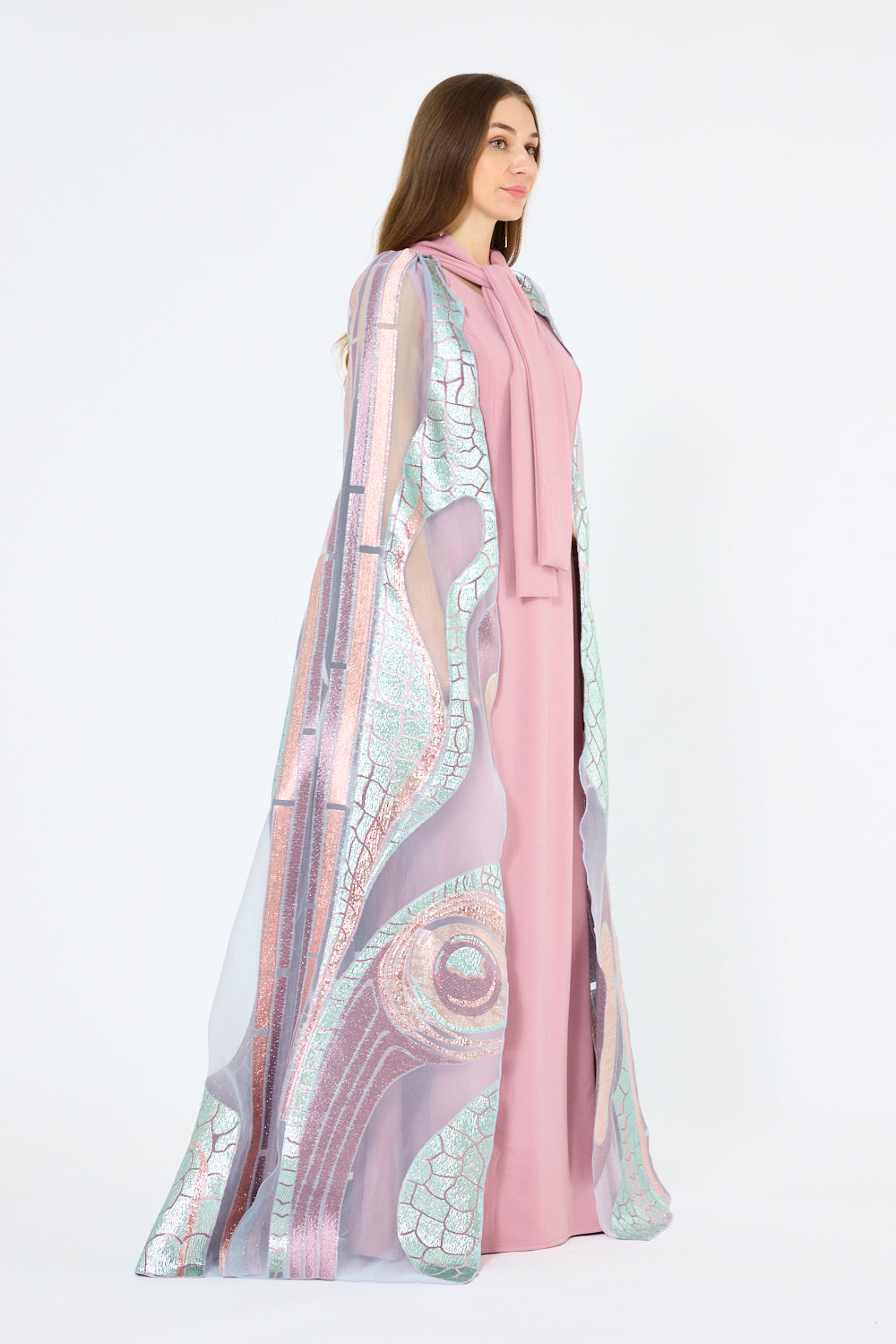 Abstract Metallic Artwork Cape Gown
