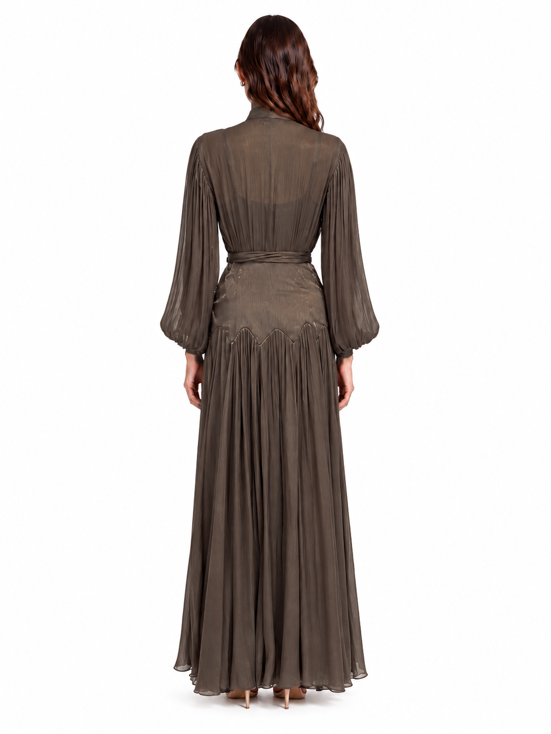 "Nesma" Embroidered Chiffon Tie-Waist Maxi Dress