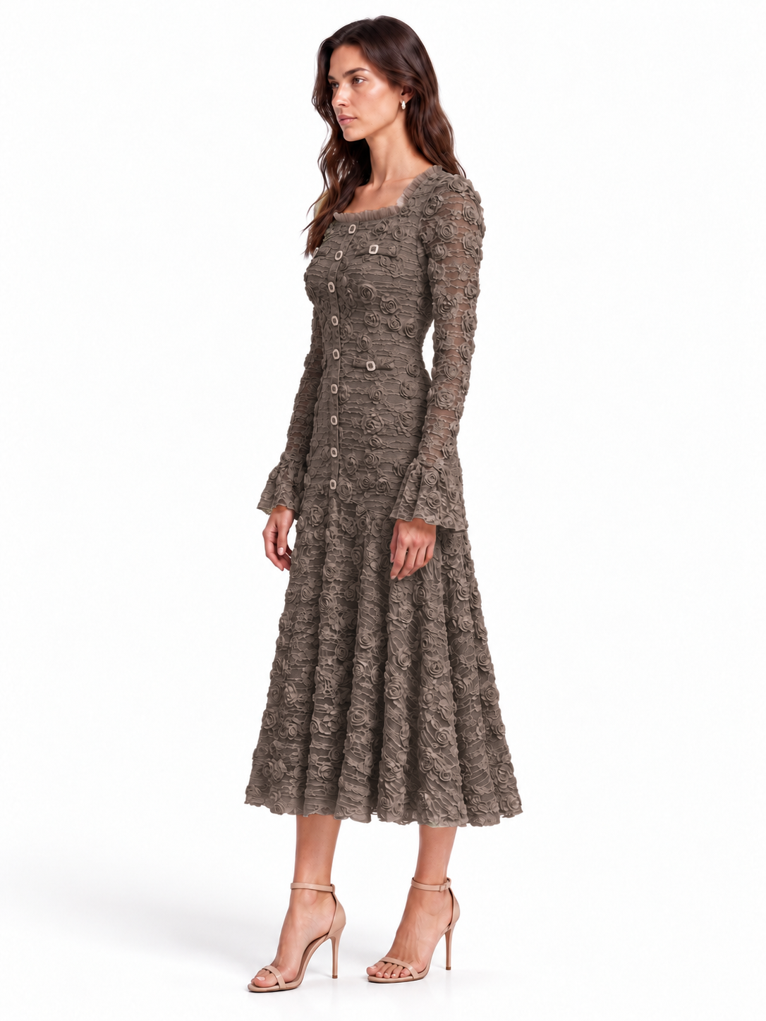 "Elara" 3D Floral Lace Button-Front Dress