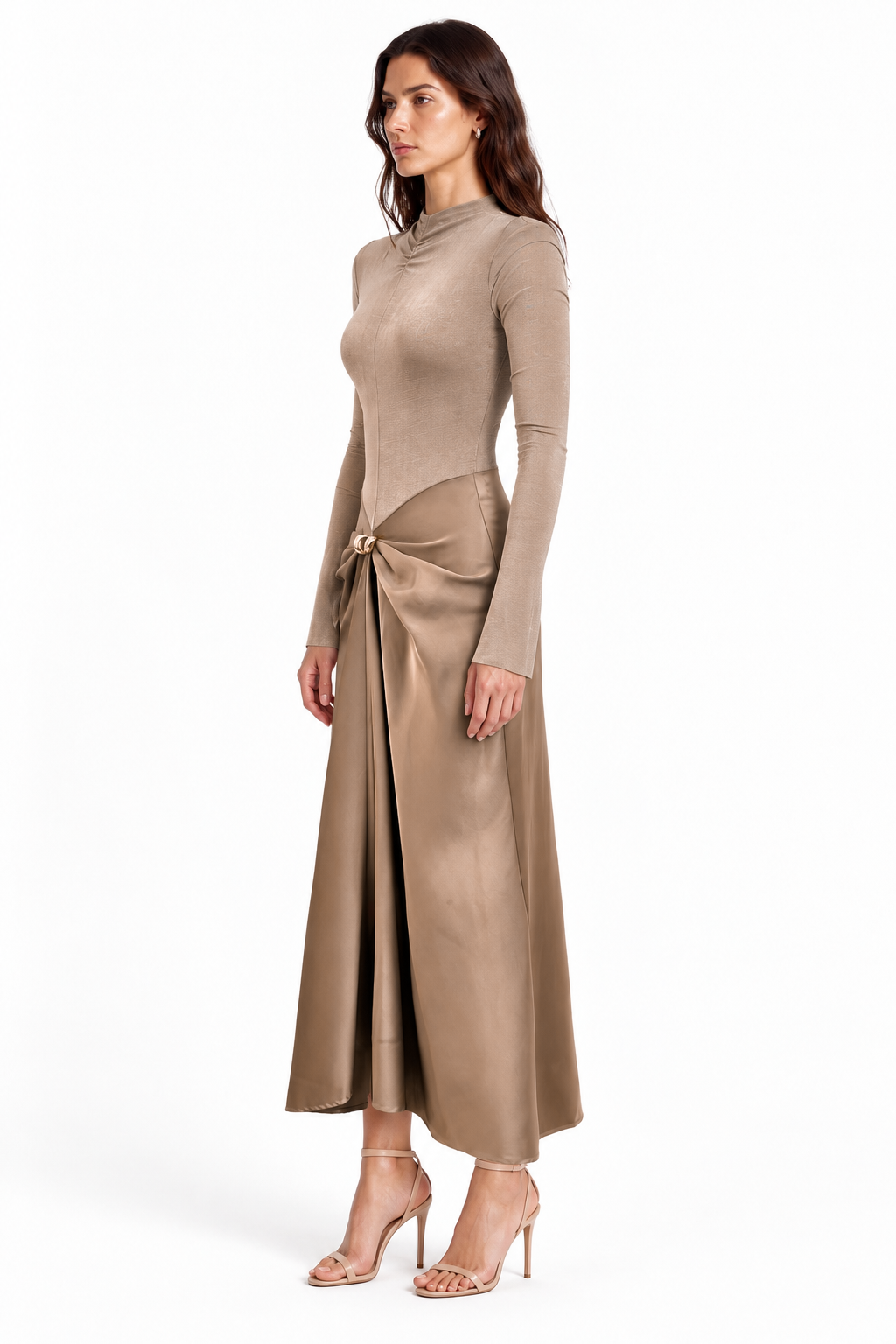 "Mira" High Neck Draped Front Gown