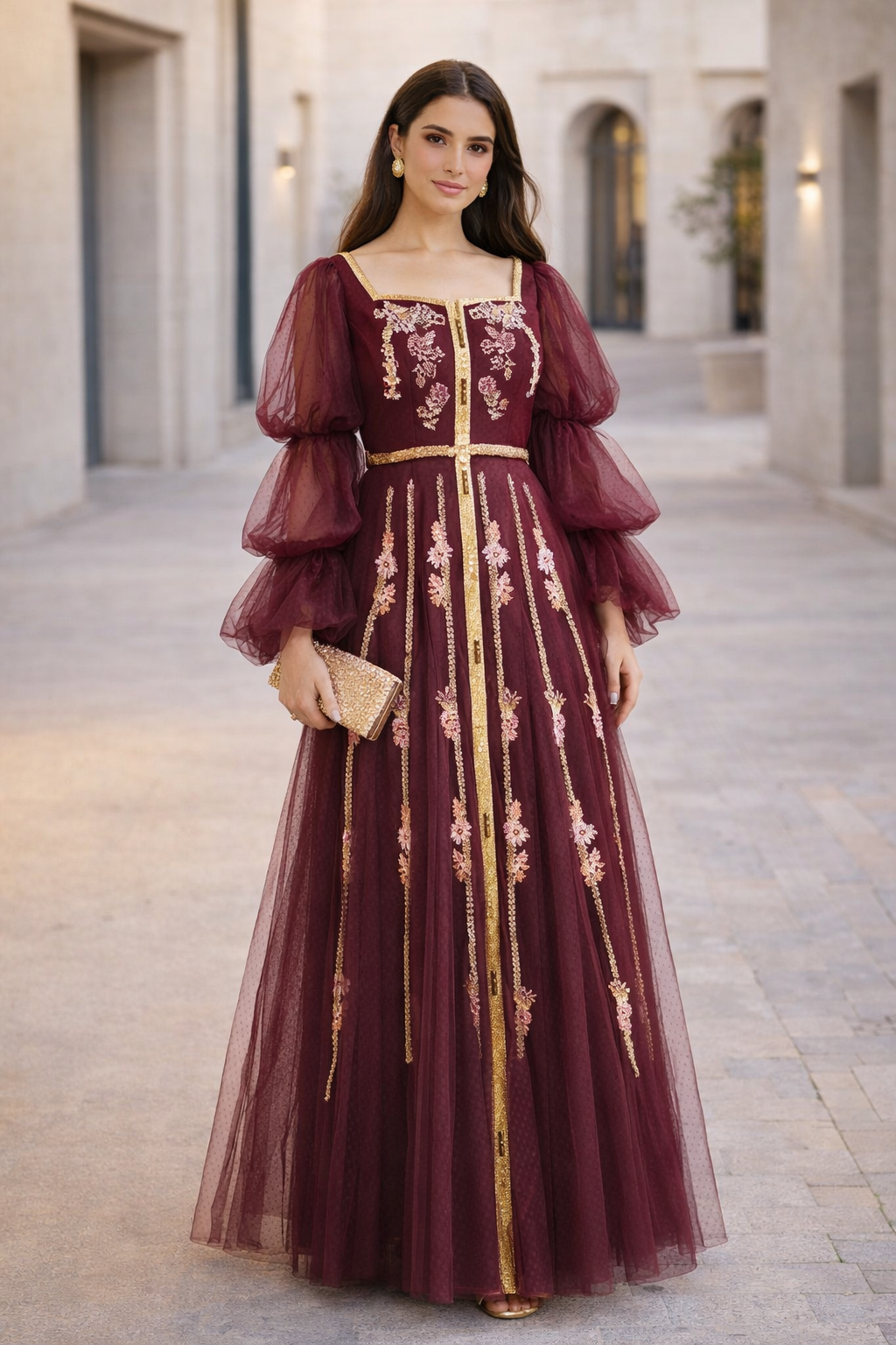 Embroidered Accents Gown with Layered Sleeves