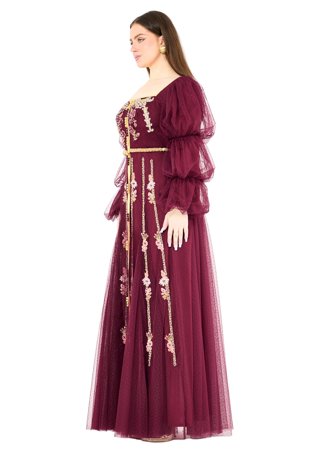 Embroidered Accents Gown with Layered Sleeves