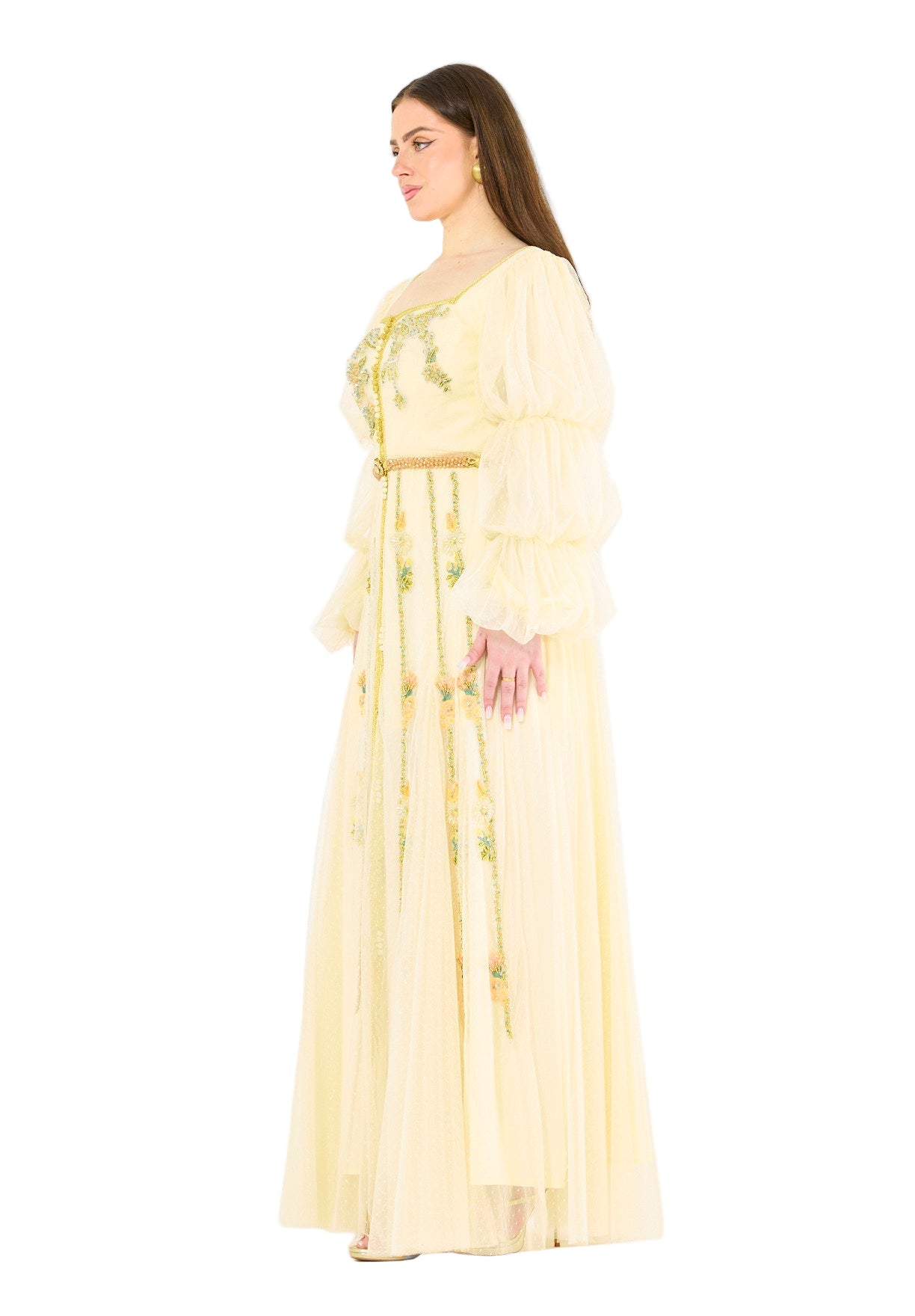 Embroidered Accents Gown with Layered Sleeves