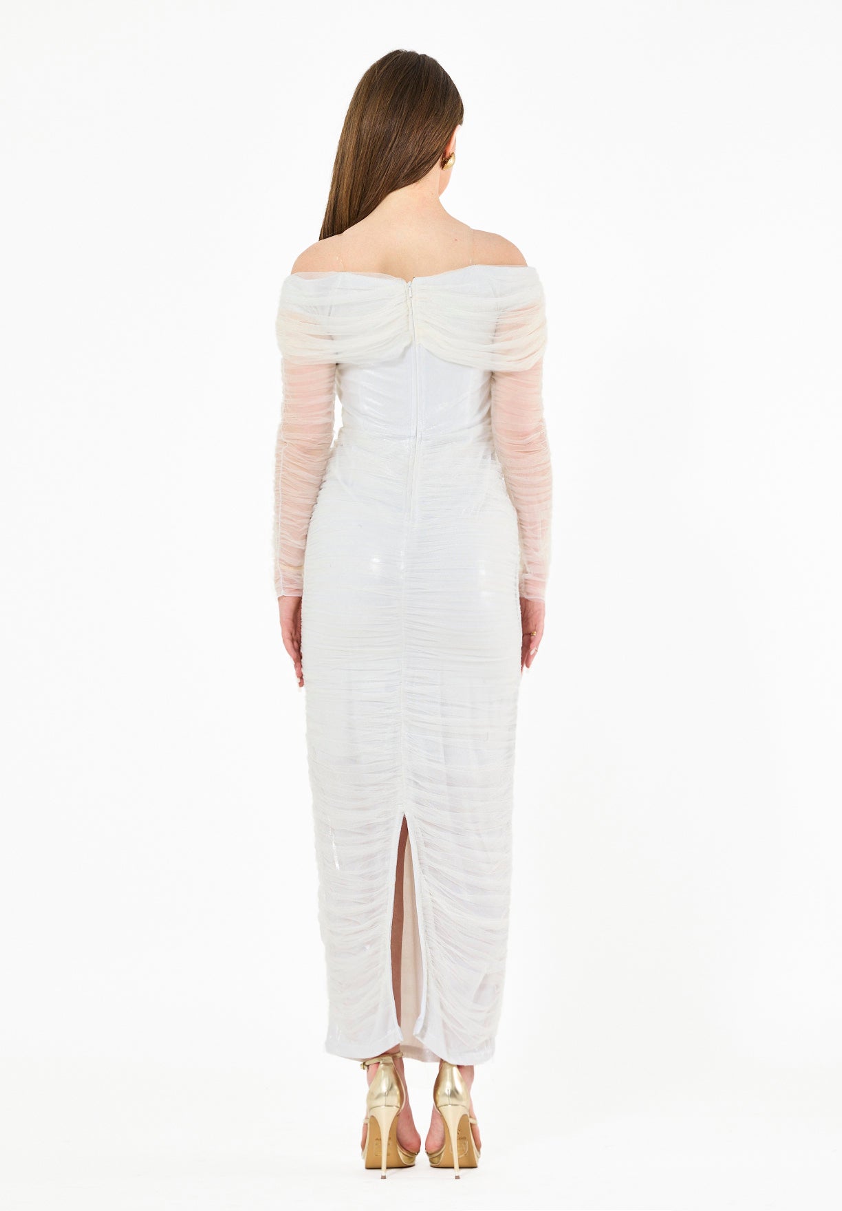 Elegant Off-Shoulder Ruched Tulle Bodycon Gown