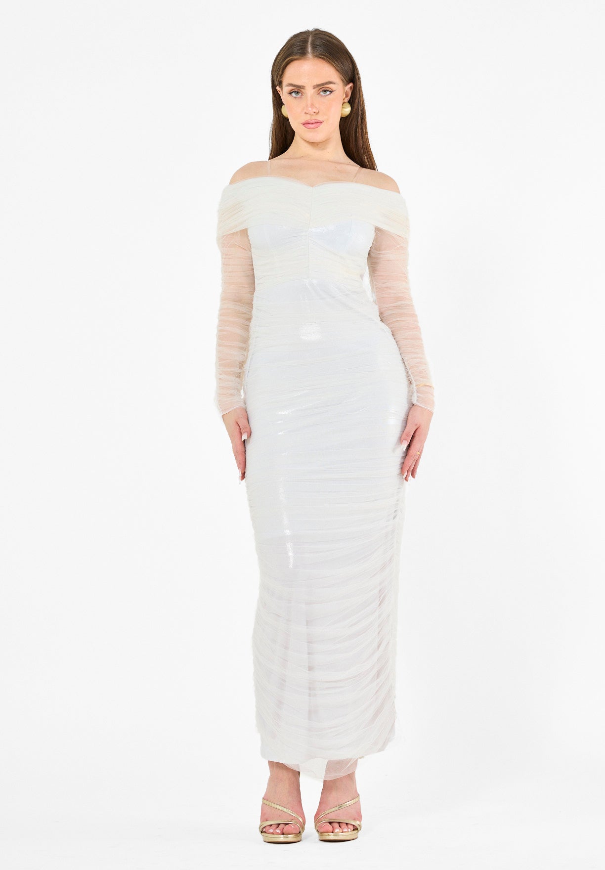 Elegant Off-Shoulder Ruched Tulle Bodycon Gown