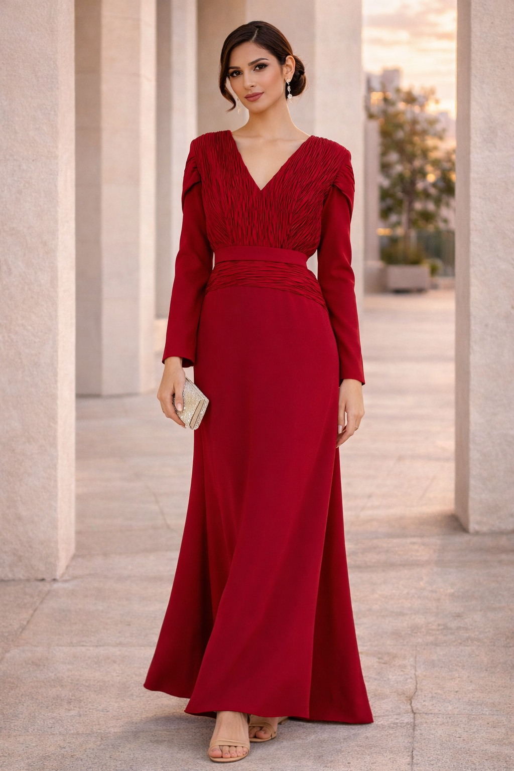 Stunning Pleat Detailed Fit And Flare Crepe Dress with V-Neckline And Long Sleeves