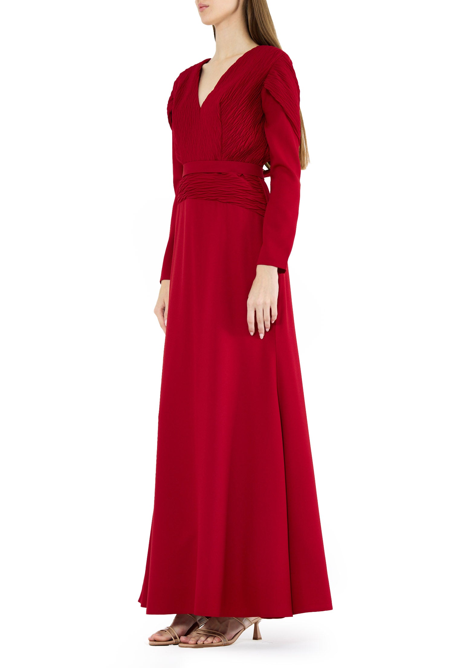 Stunning Pleat Detailed Fit And Flare Crepe Dress with V-Neckline And Long Sleeves