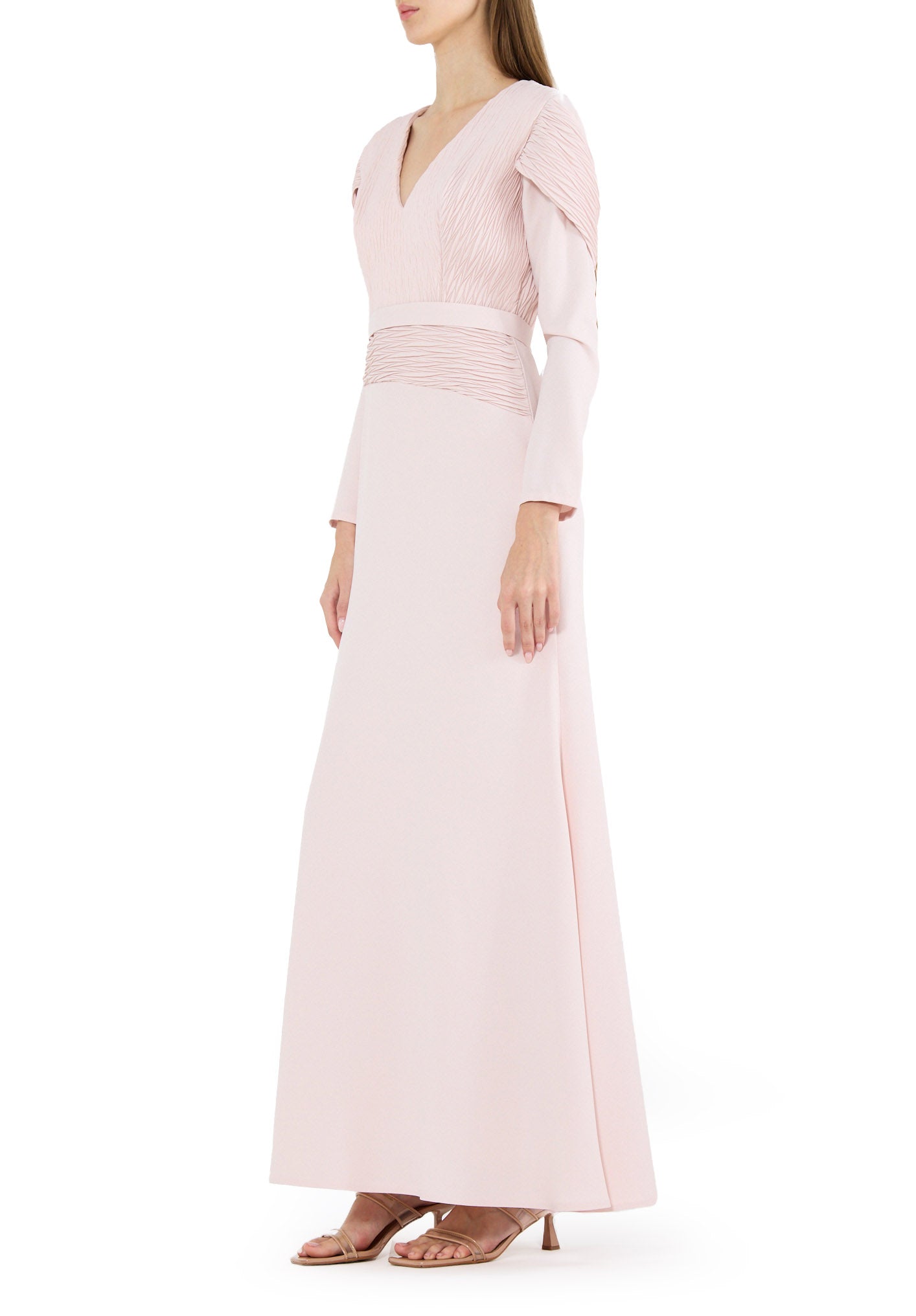 Stunning Pleat Detailed Fit And Flare Crepe Dress with V-Neckline And Long Sleeves