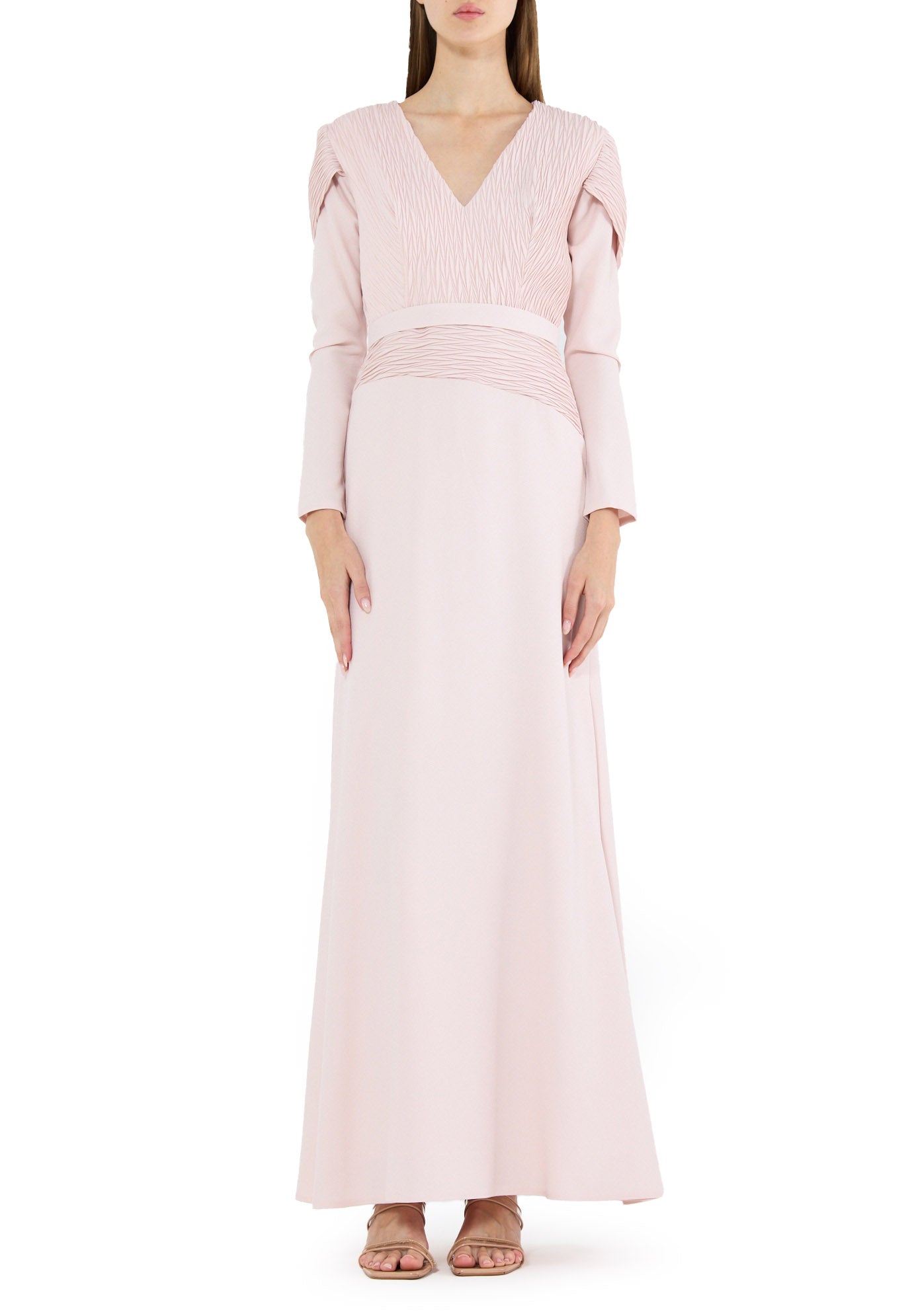 Stunning Pleat Detailed Fit And Flare Crepe Dress with V-Neckline And Long Sleeves